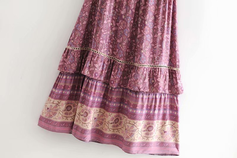 V-neck drawstring ruffle sleeve print dress