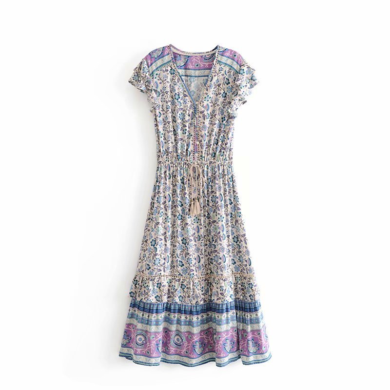 V-neck drawstring ruffle sleeve print dress
