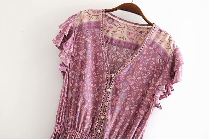 V-neck drawstring ruffle sleeve print dress