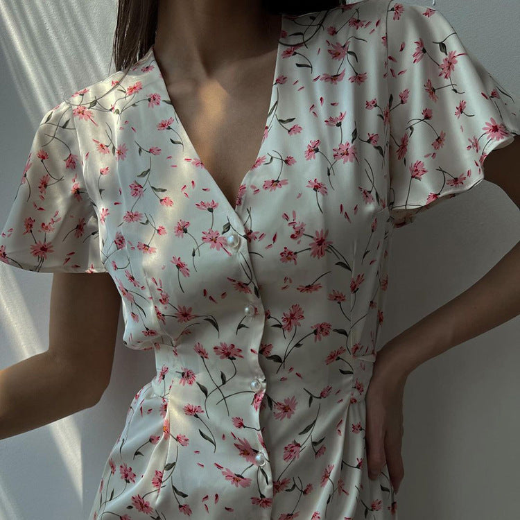 Short Sleeve V-neck Lace Up Floral Shirt Dress