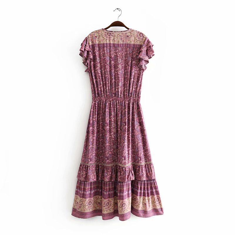 V-neck drawstring ruffle sleeve print dress