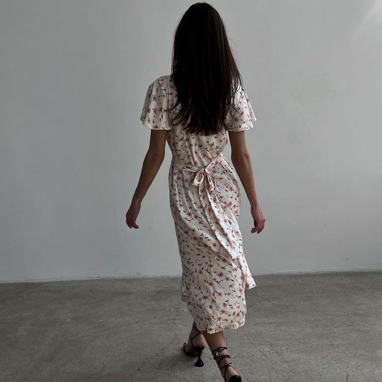 Short Sleeve V-neck Lace Up Floral Shirt Dress