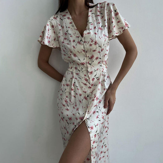 Short Sleeve V-neck Lace Up Floral Shirt Dress