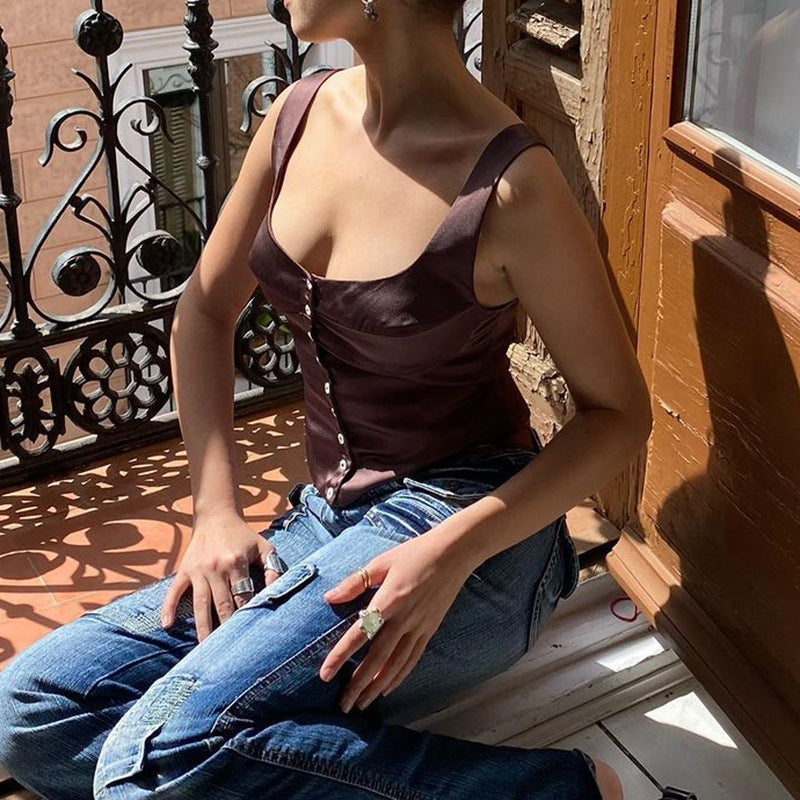 Square-neck Small Slip Top Button Backless Sleeveless Vest
