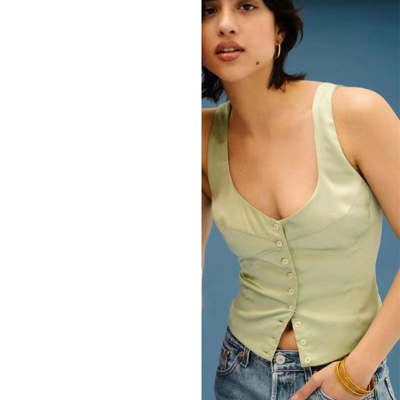 Square-neck Small Slip Top Button Backless Sleeveless Vest