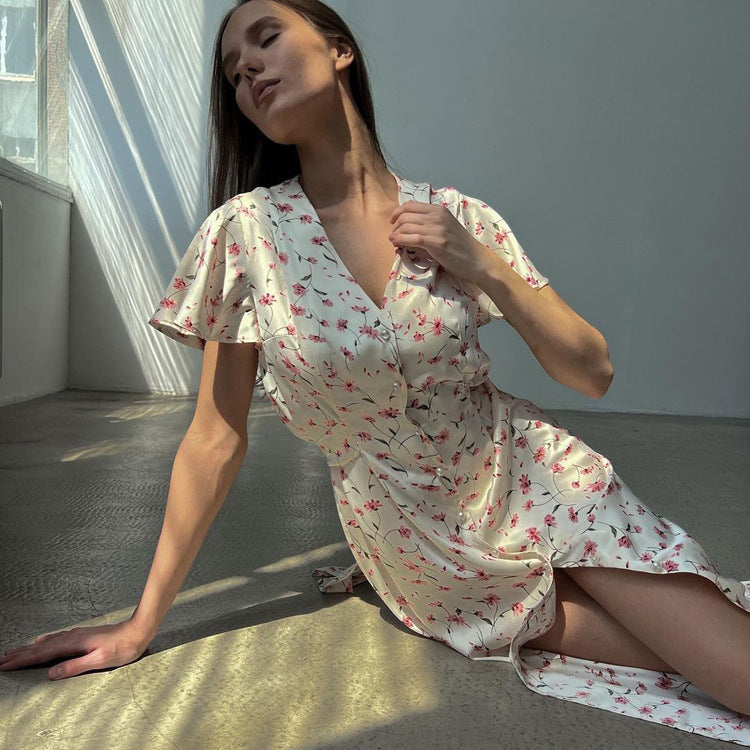 Short Sleeve V-neck Lace Up Floral Shirt Dress