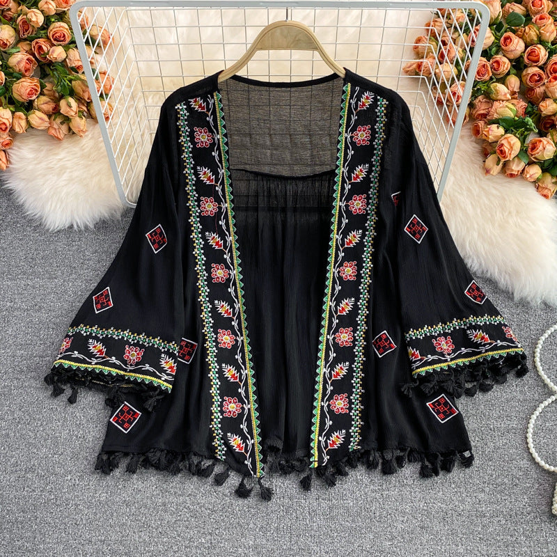 Women's Boho Embroidered Shawl Sun Top